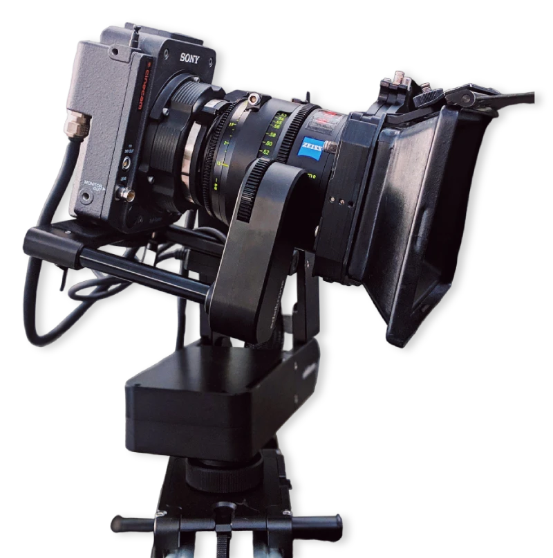 A camera on top of a tripod with a black background