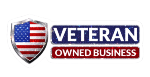 A veteran owned business logo with an american flag on it.